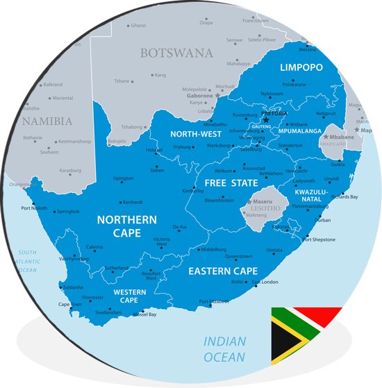 WallCircle - Wandcirkel - Muurcirkel - Illustratie van een blauwe kaart van Zuid-Afrika - Aluminium - Dibond - ⌀ 60 cm - Binnen en Buiten