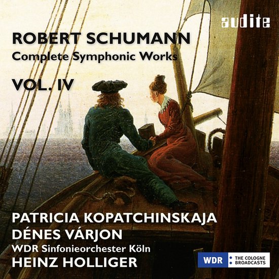 CDhoes van Robert Schumann Complete Symphonic Works Vol. IV met schilderij van twee personen op een boot, Patricia Kopatchinskaja, Dénes Várjon, WDR Sinfonieorchester Köln, Heinz Holliger.