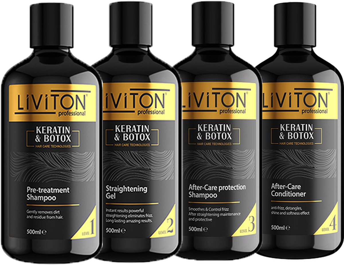 Liviton Keratine & Botox No.1 t/m 4 - Keratine Behandel Set 2x 500 ml - Keratine Shampoo 500 ml - Keratine Conditioner 500 ml