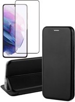 Samsung Galaxy S22 Ultra Hoesje - Book Case Lederen Wallet Cover Minimalistisch Pasjeshouder Hoes Zwart - Full Tempered Glass Screenprotector