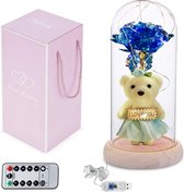 FlexToys Blauwe Roos in Stolp - Met Afstandsbediening - Wit Beertje met Blauw Jurkje en Bloempje - I Love You - Gift - Glas - Kleurrijke LED Lichten - Goud Folie