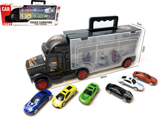 Vrachtwagen - speelgoed mini auto's - transporter 6-delig set koffer... | bol.com