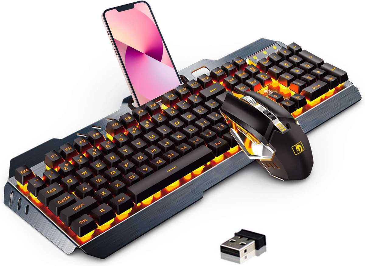 Draadloos gaming toetsenbord en muis – Ergonomisch - Universeel –Multimediatoetsen – QWERTY – Oranje RGB verlichting – Met numpad – 2.4G Wireless – Incl. telefoon houder - 104 Toetsen