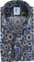 R2 Amsterdam - Overhemd Bloemen Donkerblauw - 37 - Heren - Tailored-fit