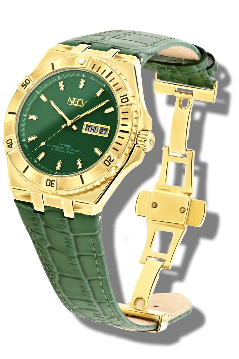 NEEV - Thurmann | Groene Wijzerplaat | Goud horloge | Horloges voor Mannen | Ø42 mm | Groen leren band | Vlindersluiting | Quartz | Polshorloges heren |