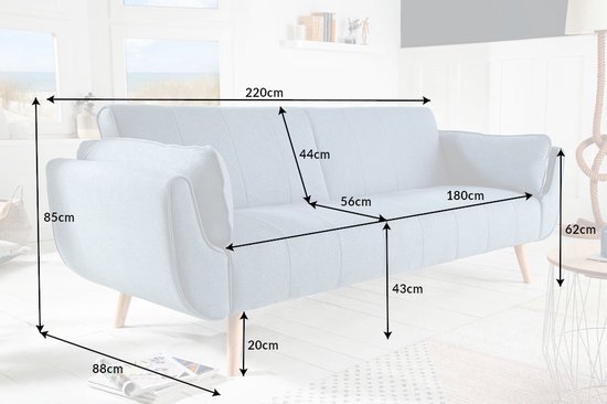 Canapé lit Design scandinave 215cm fonction lit bleu clair canapé 3 places  | bol