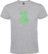 Grijs  T shirt met  "Peace  / Vrede teken" print Neon Groen size S