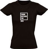 Think outside the box | Dames T-shirt | Zwart | Buiten de doos denken | Analyse | Effect | Kader | Mindset | Slim | Succes | Toekomst