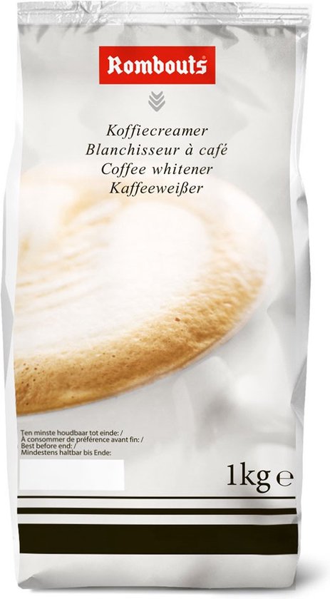 Rombouts koffiecreamer, 1kg, in witte zak met logo en afbeelding van een cappuccino.