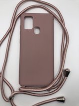 Siliconen Backcover met Koord - Geschikt voor Samsung Galaxy A21s - Premium Kwaliteit TPU Siliconen backcover - Oudroze