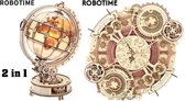 Robotime 2 in 1 - Wandklok + Wereldbol - Zodiac - Hout puzzel - Volwassenen - 3D puzzel - Industrieel - Modelbouw - DIY