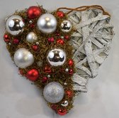Kerststukje, kerstkrans, hart, rood/zilver, 31 x 31 cm