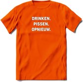 Drinken Pissen Opnieuw Bier T-Shirt | Unisex Kleding | Dames - Heren Feest shirt | Drank | Grappig Verjaardag Cadeau tekst | - Oranje - XL