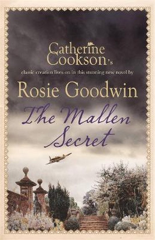 Boekkaft: Rosie Goodwin, The Mallen Secret. Een landschapsafbeelding met een donkere lucht, struiken, stenen trappen en een klein vliegtuigje.