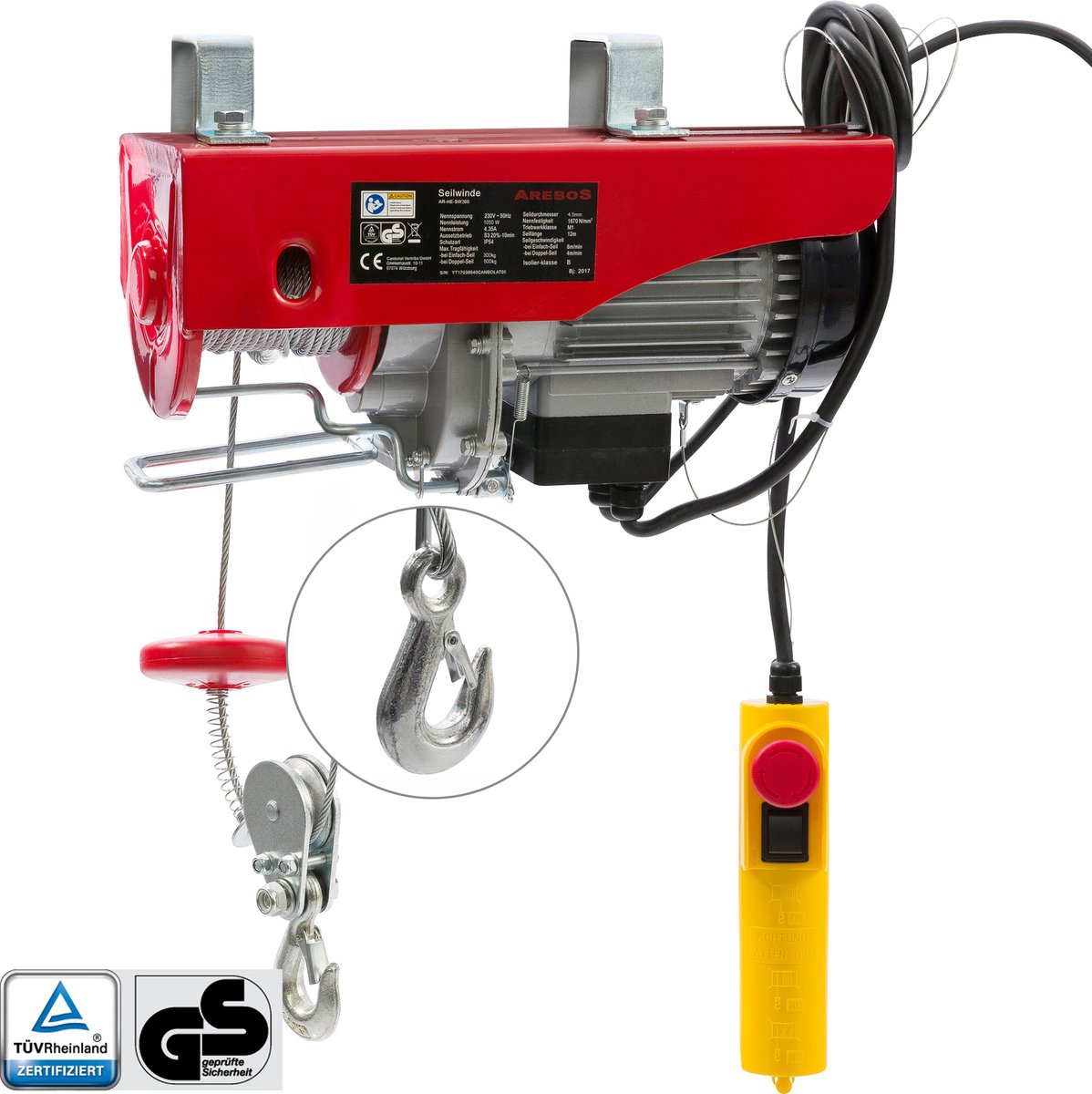 AREBOS Elektrische Takel Hefapparaat Hijskraan Elektrische Lier 300 / 600kg 1000W