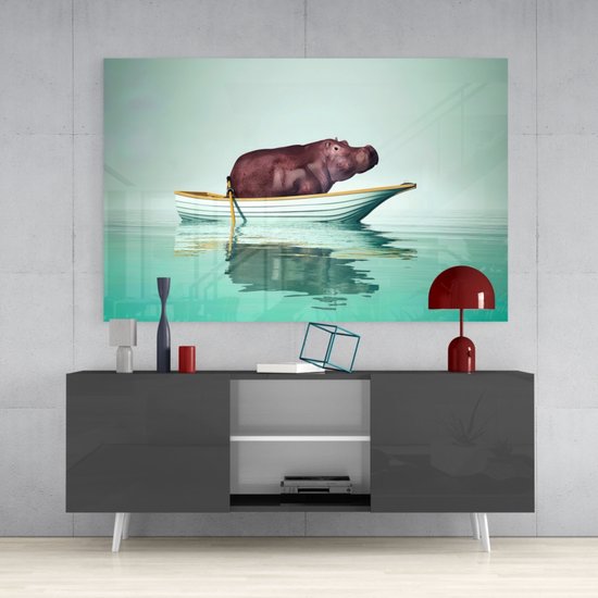 Insigne Glazen Schilderijen - Dieren - Nijlpaard - Turkoois - Glasschilderij - 72x46 cm | 4 mm