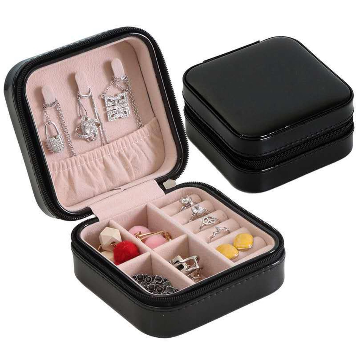 Mini Sieradendoos 4 Compartimenten | Chique Sieradenbox voor Juwelen | Sieraden | Oorbellen | Ketting | Armband | Zwart