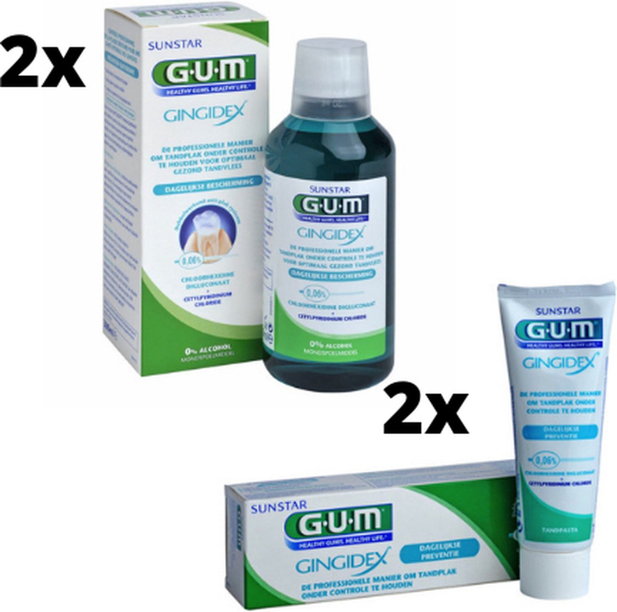 Goedkoopste GUM Gingidex 0.06 Chloorhexidine Voordeelpakket - 2x Mondspoeling 2x Tandpasta
