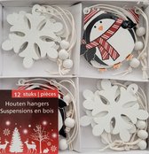 12 Houten kersthangers voor in de kerstboom - pinquin en sneeuwster hangers wit sneeuwvlok