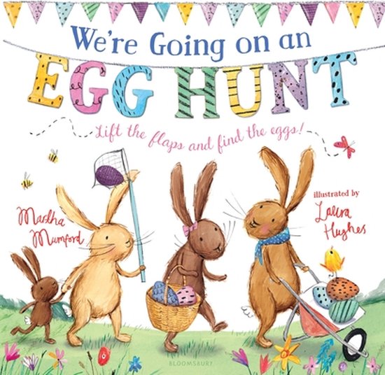 Boekomslag: We're Going on an Egg Hunt. Vier konijnen zoeken eieren in de lente. Met vlaggetjes en vlinders.