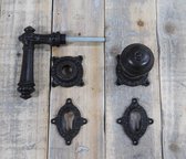 1 deurknop Belli met knoprozet + deurklink met klinkrozet + 2 slotrozetten -Antieke ijzer