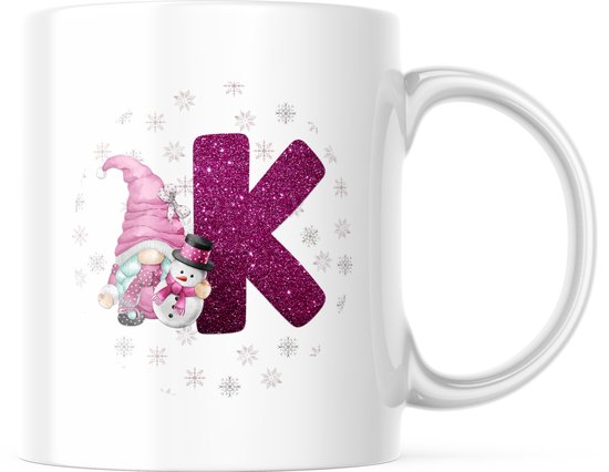 Mug de Noël avec image : Snowman Gnome - Rose - Lettre K | Décoration de Noël | Décoration de Noël | Cadeaux drôles | Tasse de café | Gobelet à café | Tasse à thé | Tasse de thé