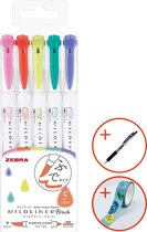 Zebra Mildliner - Brush pennen - Dubbelzijdig - Bright kleuren - Set van 5 - Met Zebra Sarasa Clip pen zwart en gratis RED PANDA washi tape