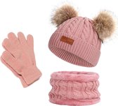 Wintermuts, sjaal en handschoenen - kleur roze - 1-4 jaar kind -  Cadeau kind - Kerstcadeau - Muts met 2 pompoms Hii you