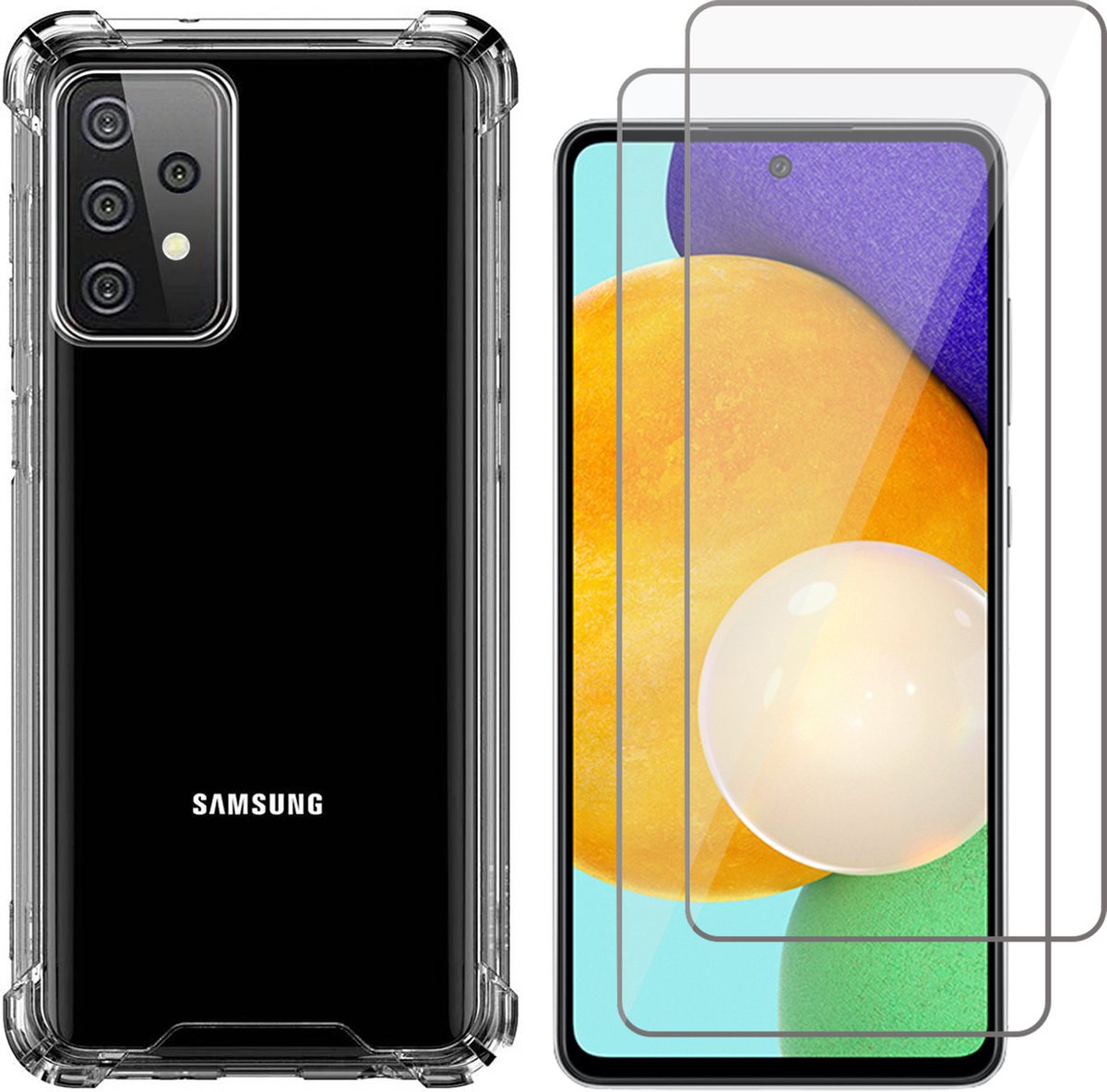 Hoesje geschikt voor Samsung Galaxy A72 Back Cover Anti Shock Siliconen Case Transparant Hoes - 2x Screenprotector Gehard Glas Beschermglas Tempered Glass Screen Protector
