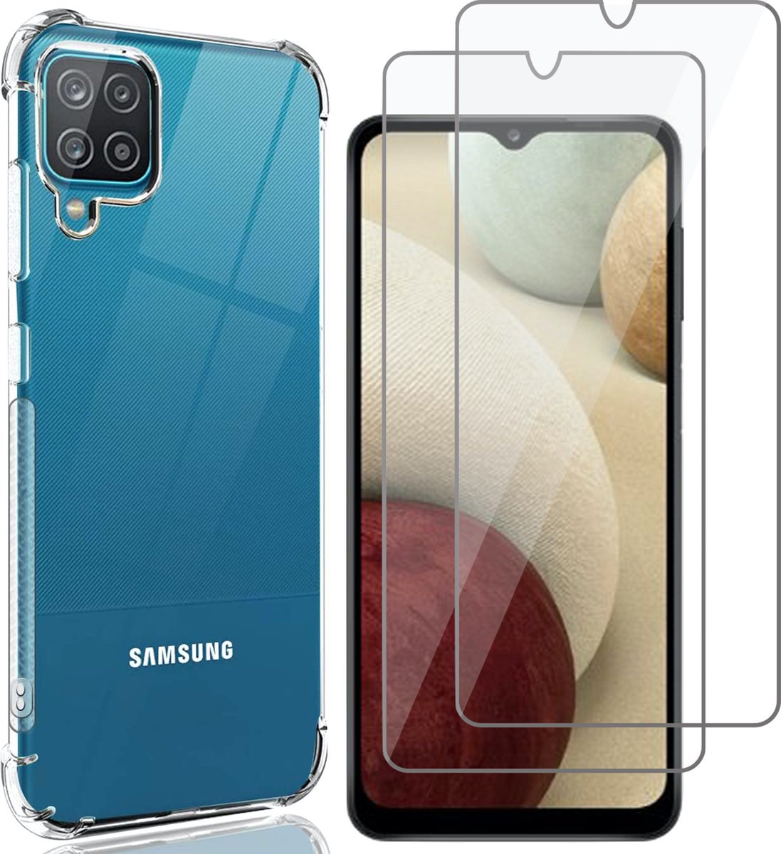 Hoesje geschikt voor Samsung Galaxy A12 Back Cover Anti Shock Siliconen Case Transparant Hoes - 2x Screen Protector Gehard Glas Beschermglas Tempered Glass Screenprotector