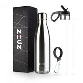 Thermos & ZEUZ® Premium en Acier Inoxydable - Gourde avec Paille - Sans BPA - 500 ml - Argent
