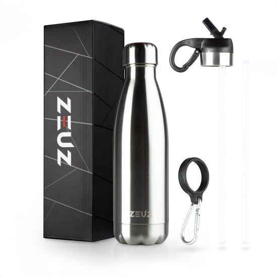 ZEUZ Premium RVS Thermosfles & Drinkfles - Isoleerfles – Waterfles met Rietje - BPA Vrij – 500 ml - Zilver
