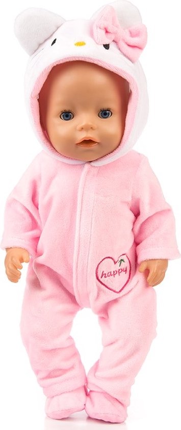 Pop in een zachtroze Hello Kitty-onesie met capuchon, oortjes, strik en een hartvormig "happy"-borduurwerk.