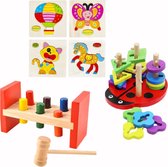 Montessori Educatief Houten Speelgoed - 3 in 1 Puzzel Vormenstoof Sorteerpuzzel Sorteerspel Lieveheersbeestje + Hamerbank + 4 Puzzels - Hamertje Tik - Vormenstoof - Peuter Kleuter