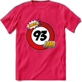 93 Jaar Hoera Verkeersbord T-Shirt | Grappig Verjaardag Cadeau | Dames - Heren | - Roze - XXL