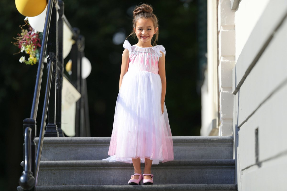 Elsa jurk roze wit Luxe met sleep + kroon (130) Prinsessen jurk verkleed jurk verkleedkleding — afbeelding 4