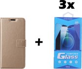Samsung Galaxy A22 4G Telefoonhoesje - Bookcase - Ruimte voor 3 pasjes - Kunstleer - met 3x Tempered Screenprotector - SAFRANT1 - Goud