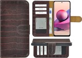 Hoesje Xiaomi Redmi Note 10s - Bookcase - Portemonnee Hoes Echt leer Wallet case Croco Kastanjebruin