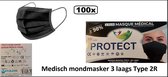 100x Medische mondkapje Type IIR Zwarte wegwerp medische mondkapjes met oorlussen | EN14683:2019 | 98% filtratie, vloeistofbestendig chirurgisch mondmaskers 2R - 3 laags masker