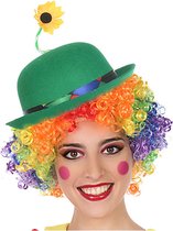 Clown verkleed set gekleurde pruik met bolhoed groen met bloem - Carnaval clowns verkleedkleding en accessoires