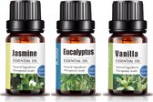 Etherische Olie Set | Jasmijn olie + Eucalyptus olie + Vanille olie Bundel | 3x Essentiële Oliën voor Aromatherapie | Sauna en Bad | Aroma Diffuser Olie (30 ml)