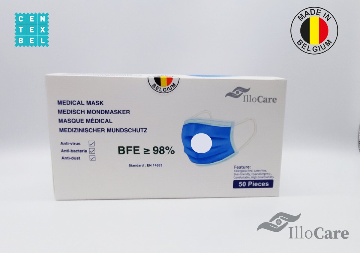 Illocare Wit Medisch Mondmasker Mondkapje Type II R EN14683 Filtratie ≥ 99 % Wasbaar Made in Belgium 50 st