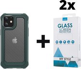 Backcover Shockproof Carbon Hoesje iPhone 12 Legergroen - 2x Gratis Screen Protector - Telefoonhoesje - Smartphonehoesje