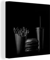 Canvas Schilderij Fastfood maaltijd met een burger en patat in zwart-wit - 20x20 cm - Wanddecoratie