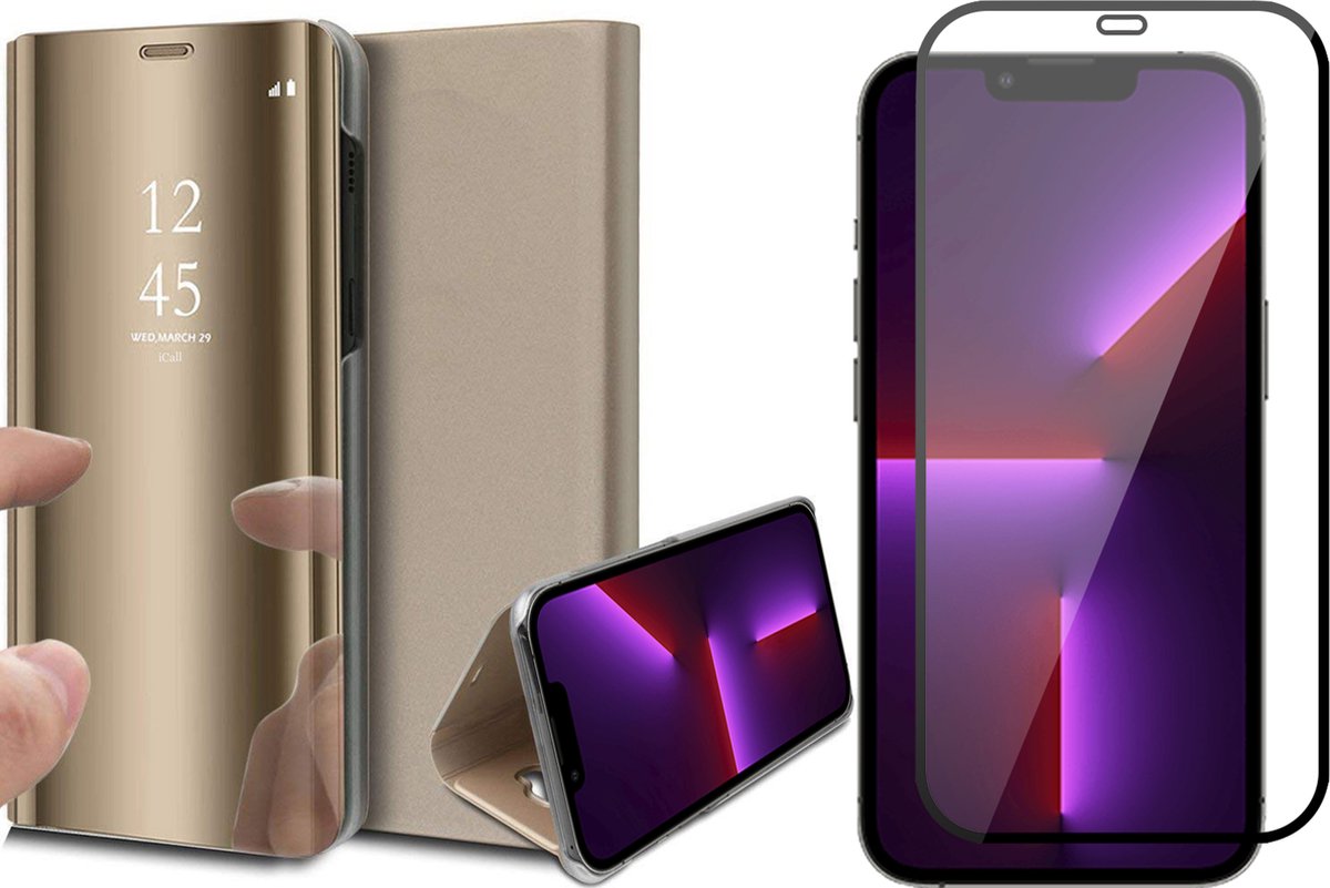 Hoesje geschikt voor iPhone 13 Pro en Full Screenprotector - Spiegel Book Case - Goud