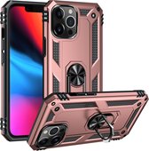 Apple iPhone 13 pro Stevige Magnetische Anti shock ring back cover case- schokbestendig-TPU met stand Rosé goud+ gratis screenprotector