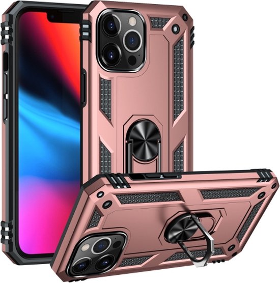 Stevige Magnetische Anti shock ring back cover case Geschikt voor Apple iPhone 13 Pro- schokbestendig-TPU met stand Rosé goud+ gratis screenprotector