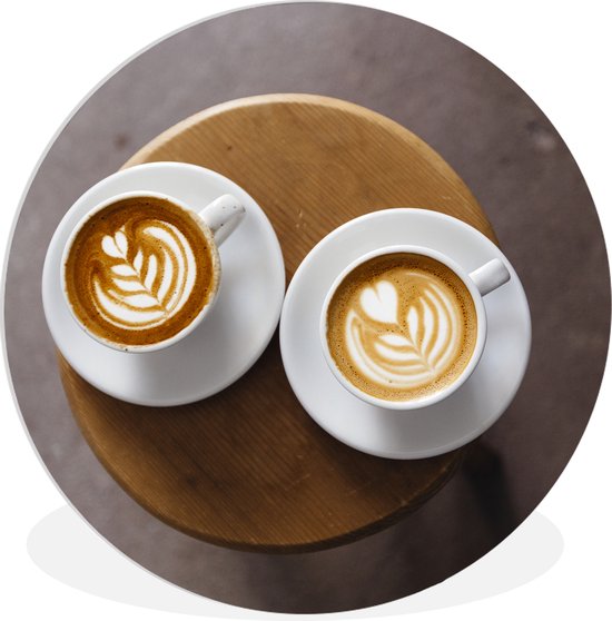 WallCircle - Wandcirkel ⌀ 120 - Twee koppen koffie met latte art worden vanaf boven weergegeven - Ronde schilderijen woonkamer - Wandbord rond - Muurdecoratie cirkel - Kamer decoratie binnen - Wanddecoratie muurcirkel - Woonaccessoires XXL