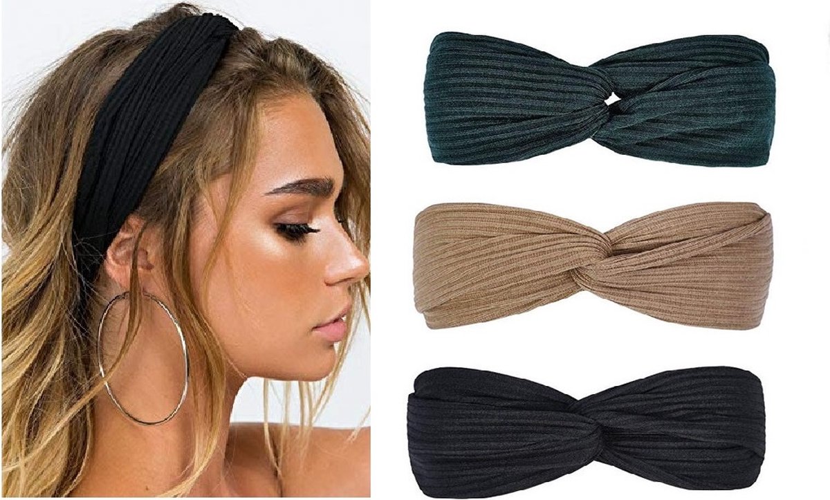 3 Stuks Dames Haarbanden met Knoop – Groen, Beige & Zwart – Gebreid - dames haarband met knoop – gebreide haarband vrouwen – haarband set 3 stuks – haaraccessoires dames