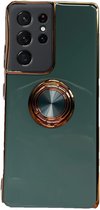 Samsung S21 Ultra hoesje met ring - Kickstand - Samsung - Goud detail - Handig - Hoesje met ring - 5 verschillende kleuren - zalm roze - Grijs/blauw - Donker groen - Zwart - Paars